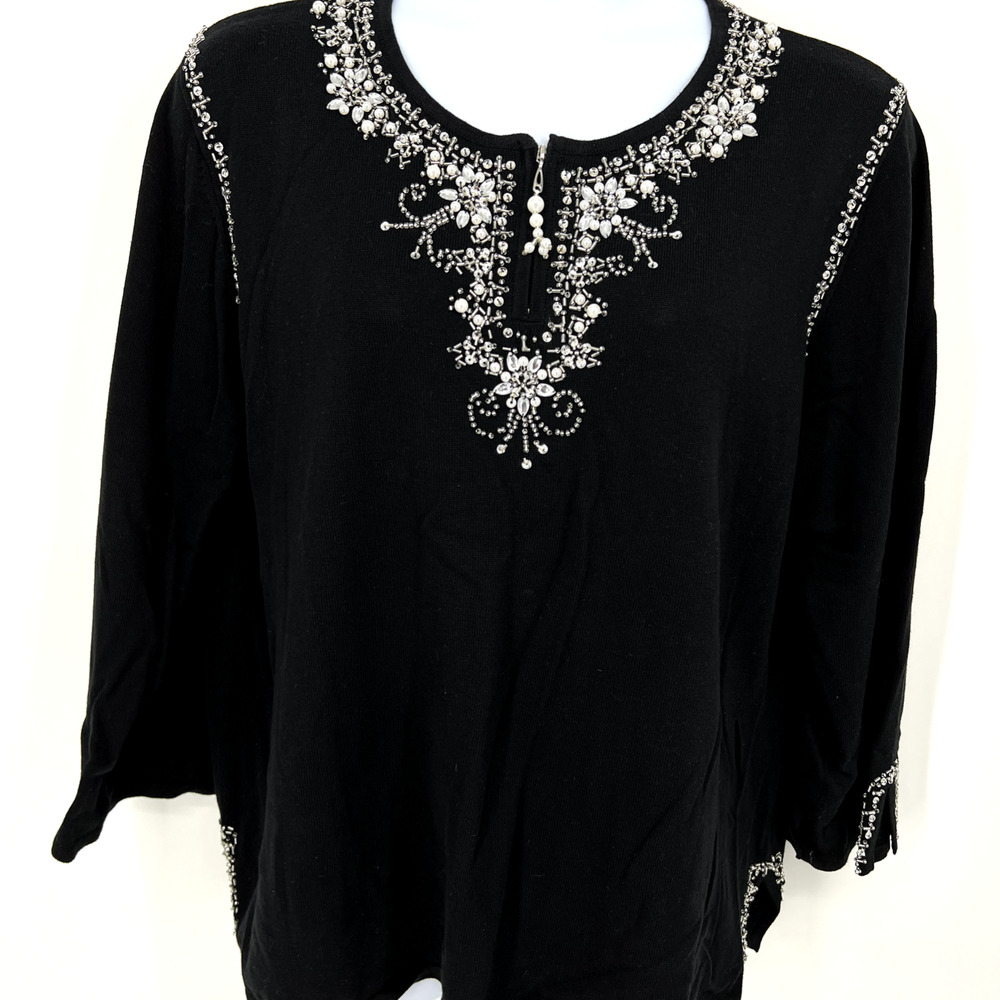 Quacker Factory Sweater 2X Embellished Black Zip Neck Rhinestones Glam Holiday